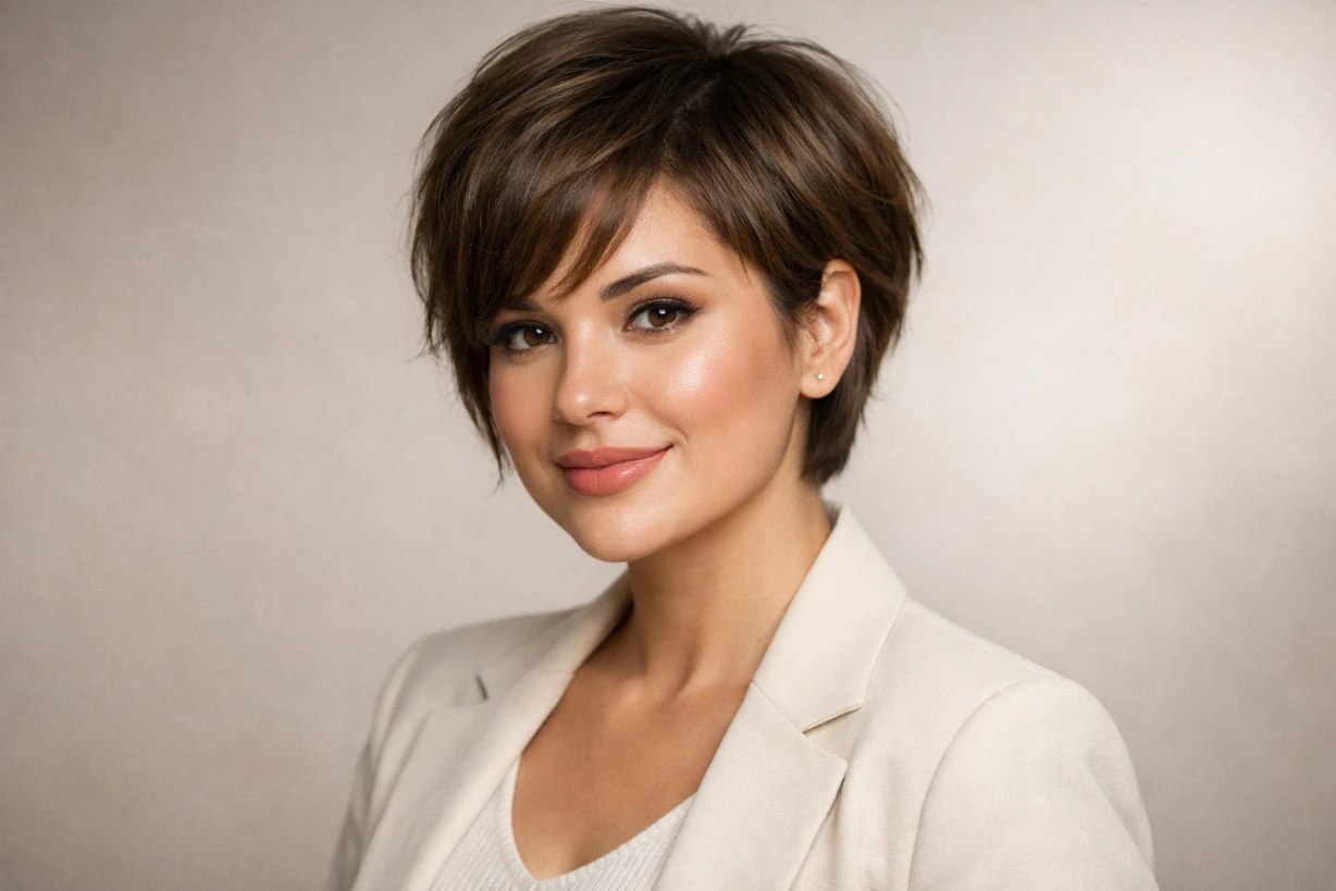 Portrait d’une femme au visage rond avec coupe courte dégradée élégante et moderne.