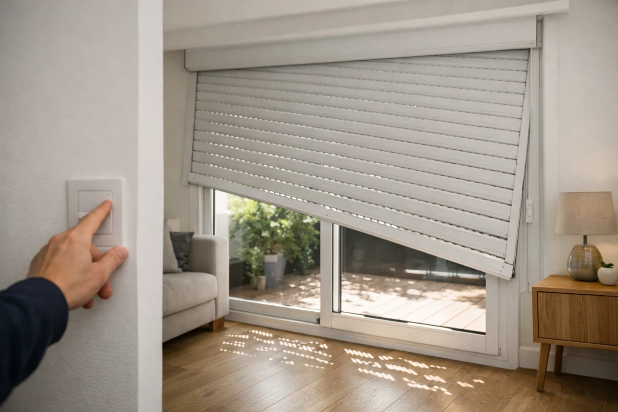 Volet roulant bloqué à mi-hauteur laissant passer un peu de lumière naturelle à l’intérieur.