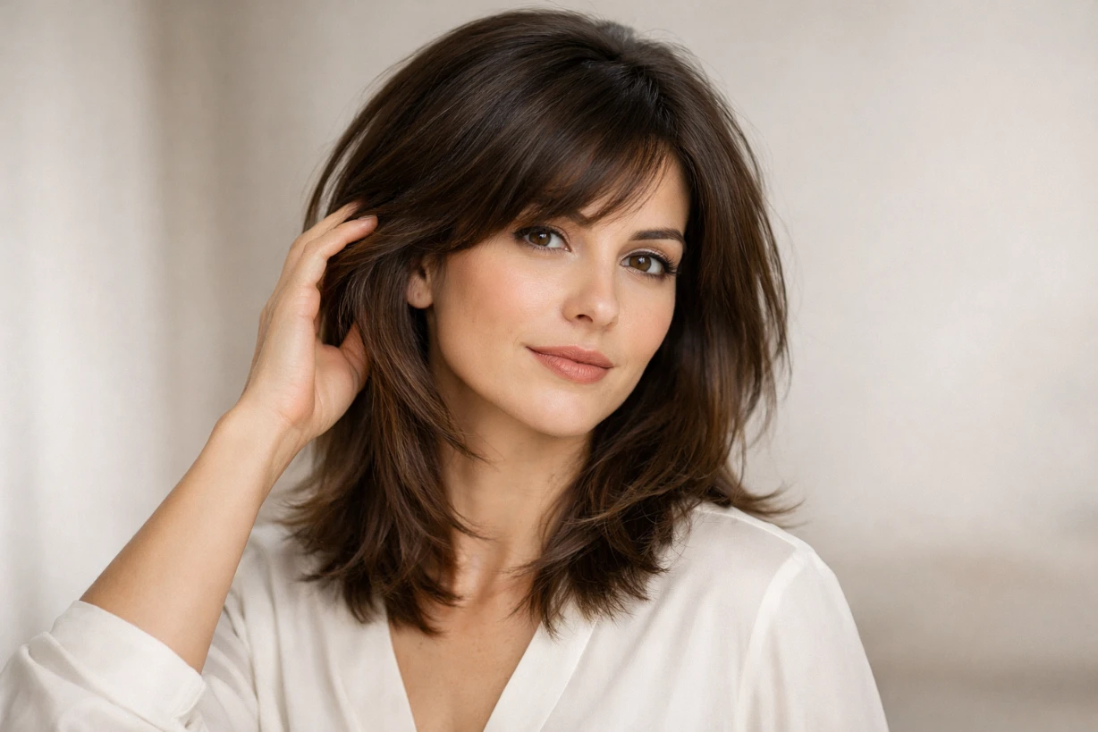 Femme aux cheveux mi-longs dégradés, volume naturel et texture légère, style chic et moderne.