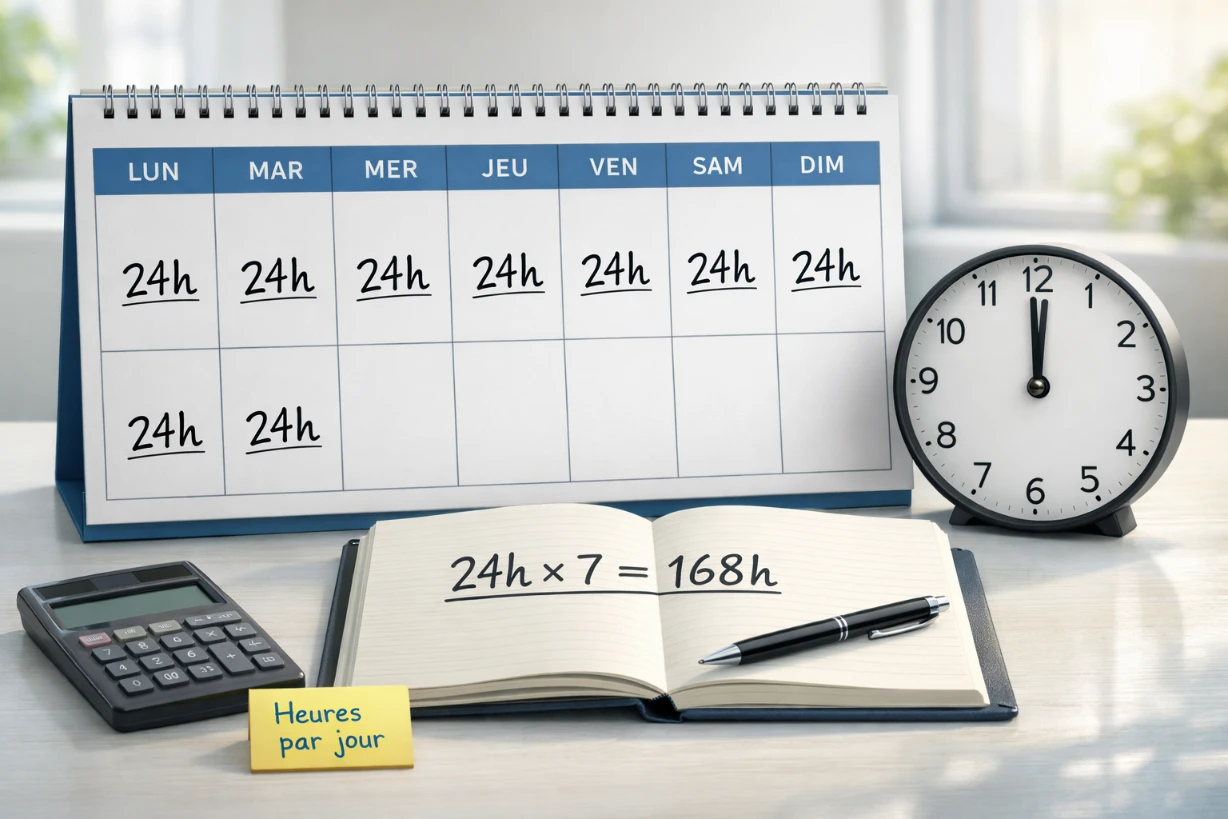 Calendrier hebdomadaire, horloge et carnet avec calcul 24h × 7 = 168h sur un bureau lumineux.