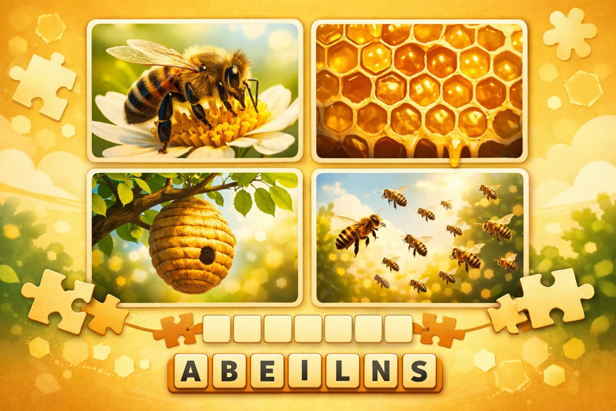 Jeu 4 images 1 mot avec abeille, ruche, nid d’abeilles et essaim sous une lumière dorée.