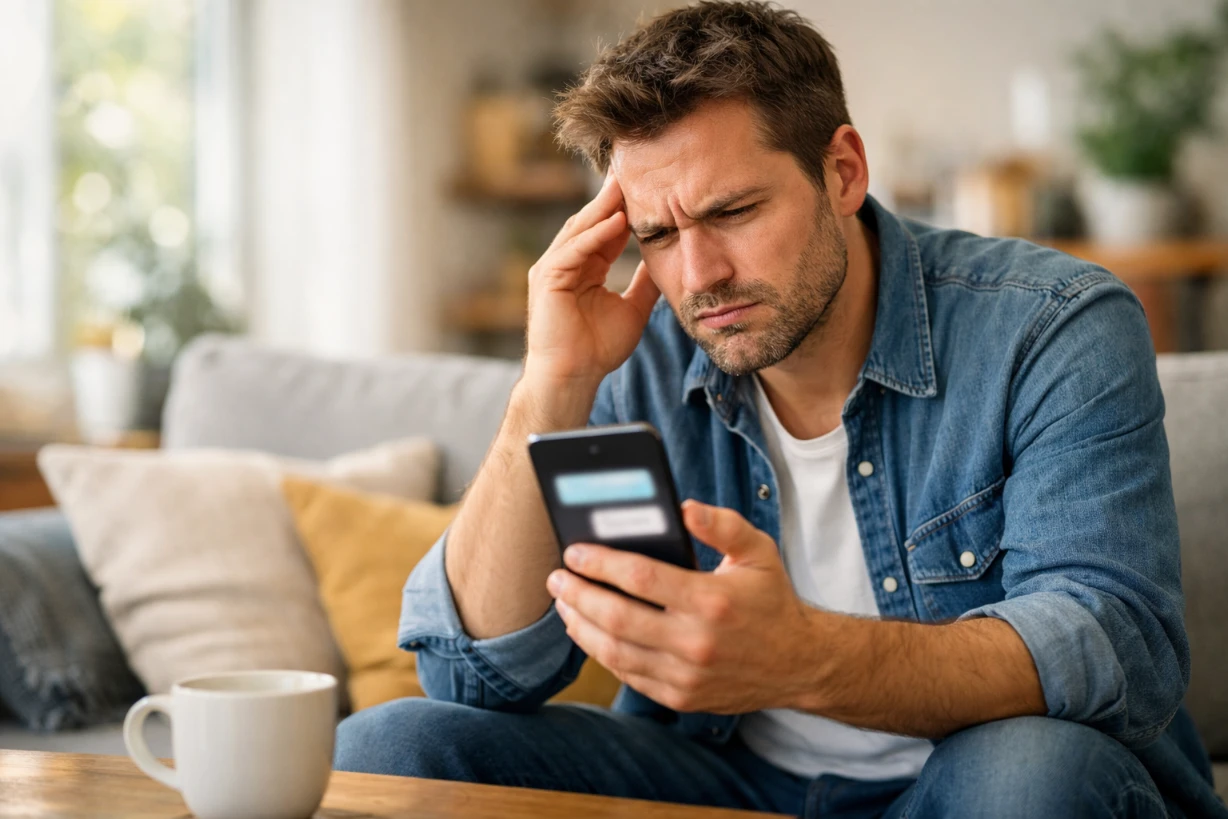Homme assis sur un canapé, regard frustré, tenant son téléphone affichant des SMS flous.