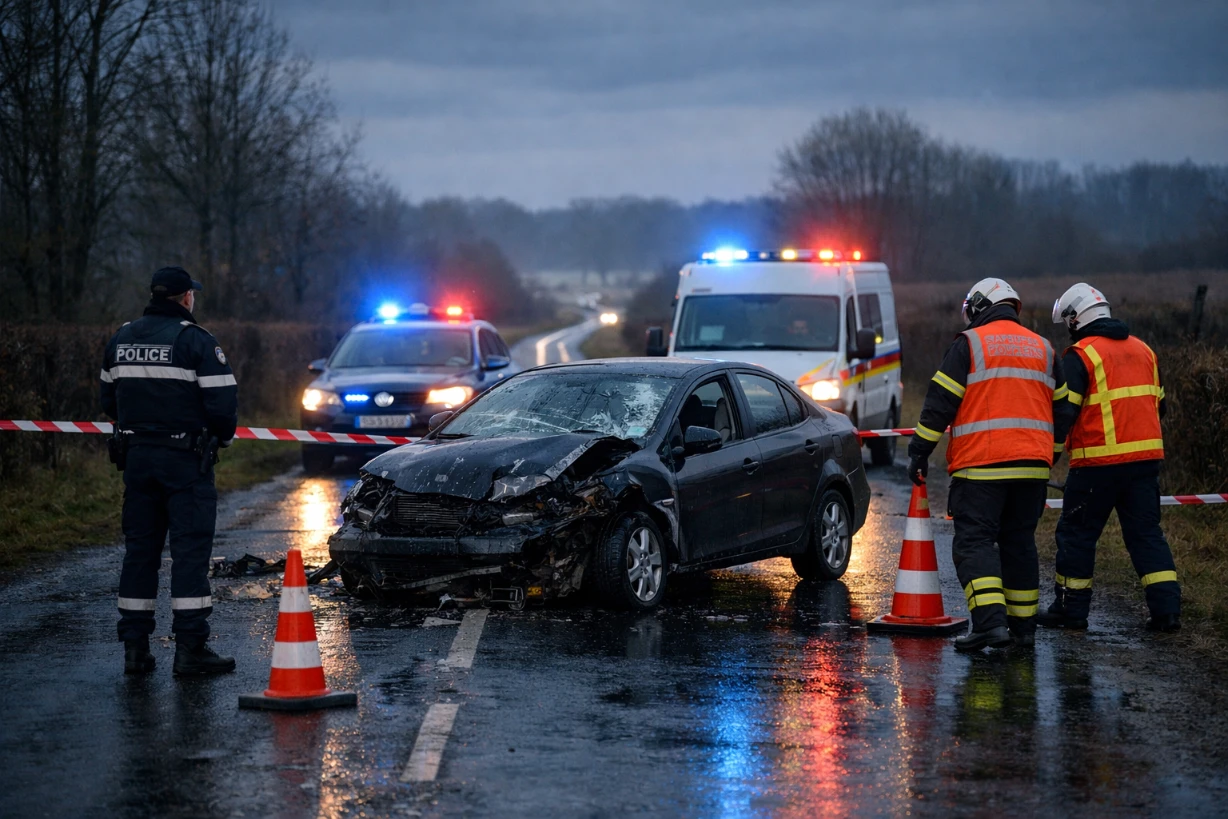 Accident de la route dans le Loir-et-Cher, secours et police sécurisant une voiture accidentée sur route rurale.