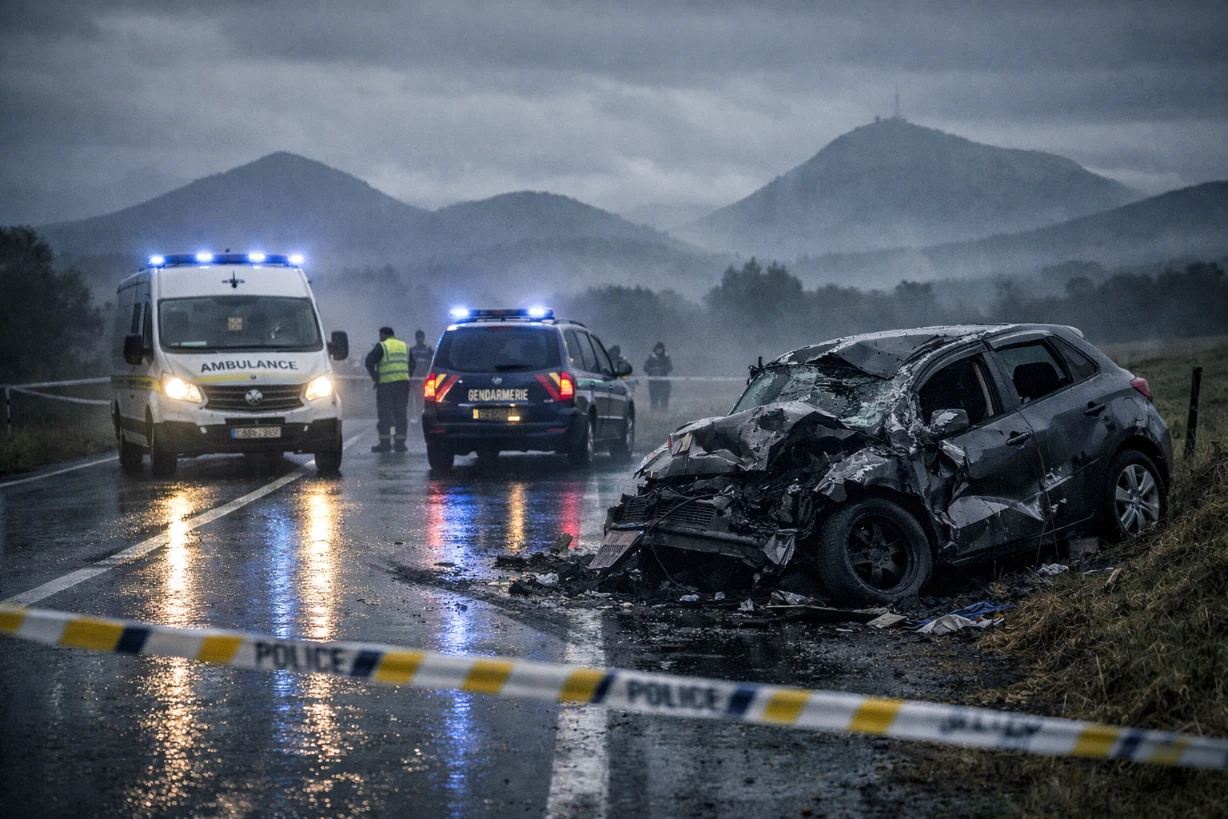 Accident routier en zone rurale, voiture endommagée et secours sur place sous ciel sombre.