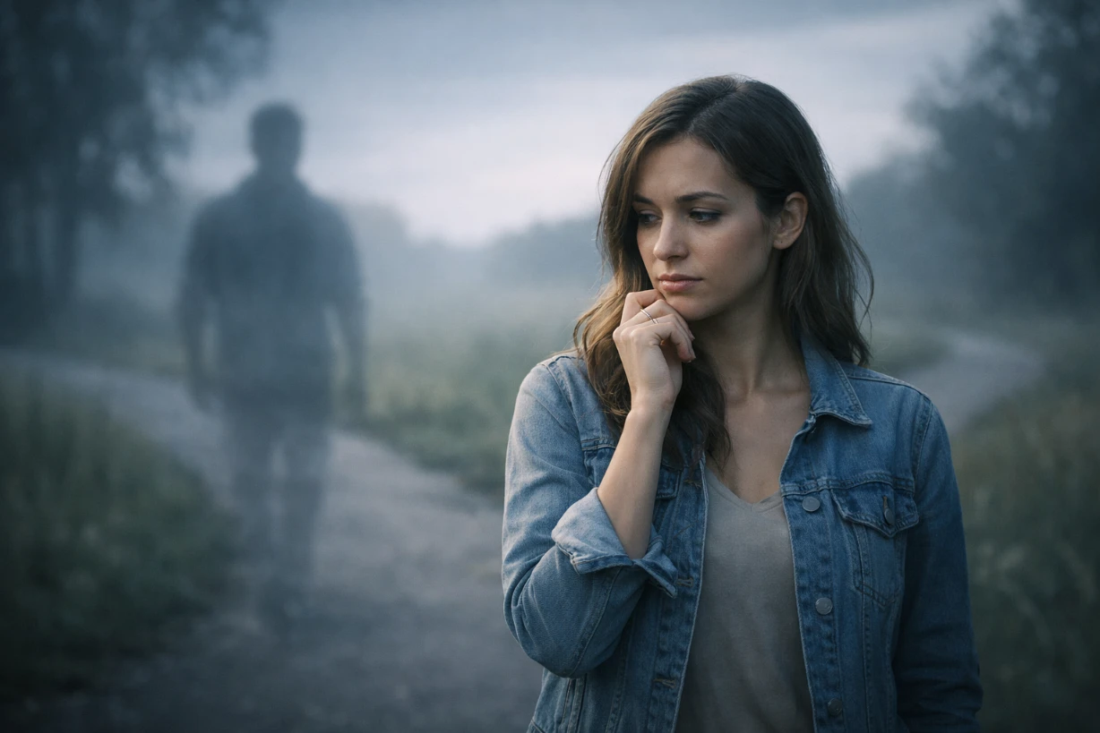 Femme pensive face à l’ombre floue d’un homme derrière elle, symbolisant le retour d’un pervers narcissique.