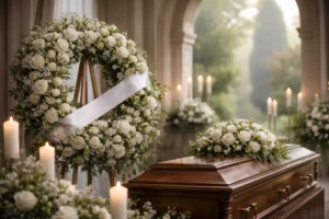 Scène sobre d’un service funéraire en France avec couronne, lumière douce et ambiance respectueuse.