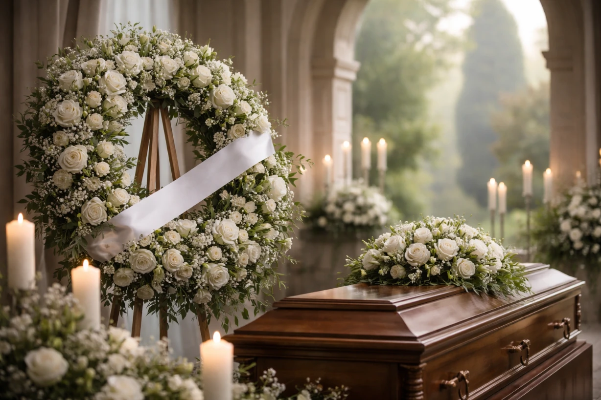 Scène sobre d’un service funéraire en France avec couronne, lumière douce et ambiance respectueuse.