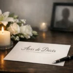 Avis de décès posé sur table sombre, bougie allumée et fleurs blanches, ambiance paisible et solennelle.