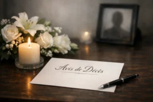 Avis de décès posé sur table sombre, bougie allumée et fleurs blanches, ambiance paisible et solennelle.