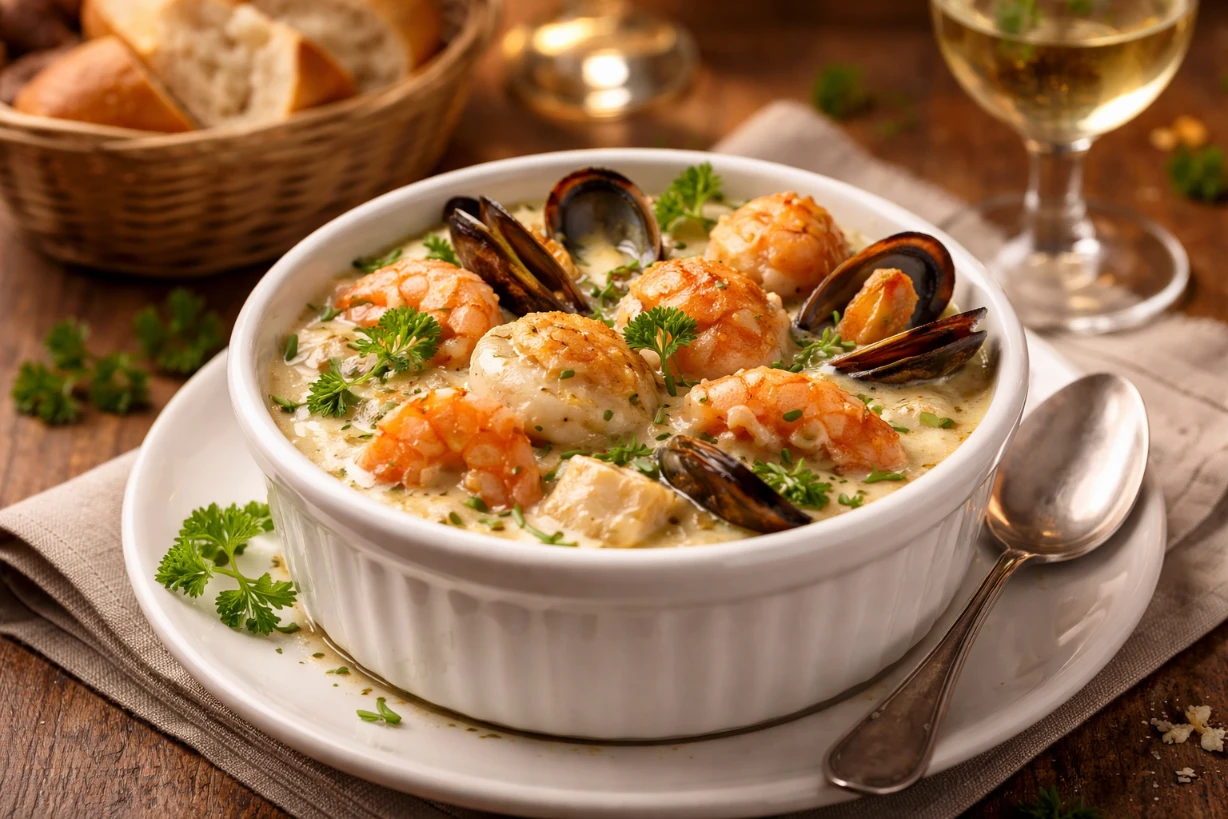 Cassolette de fruits de mer crémeuse, gratin doré, servie avec pain et verre de vin blanc.
