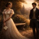 Couple en tension dans un jardin romantique au coucher du soleil, ambiance mélancolique.