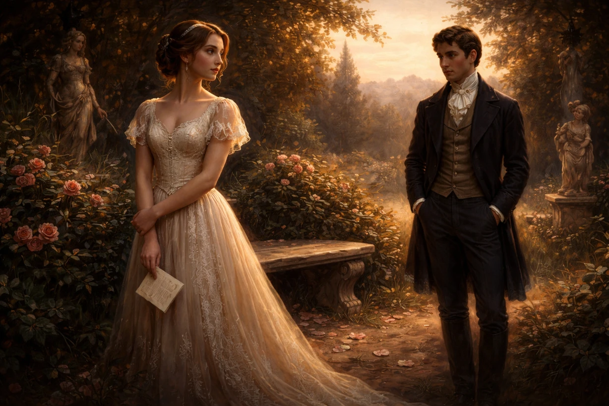 Couple en tension dans un jardin romantique au coucher du soleil, ambiance mélancolique.