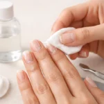 Mains retirant la colle des faux ongles avec coton et dissolvant, soin des ongles naturel.