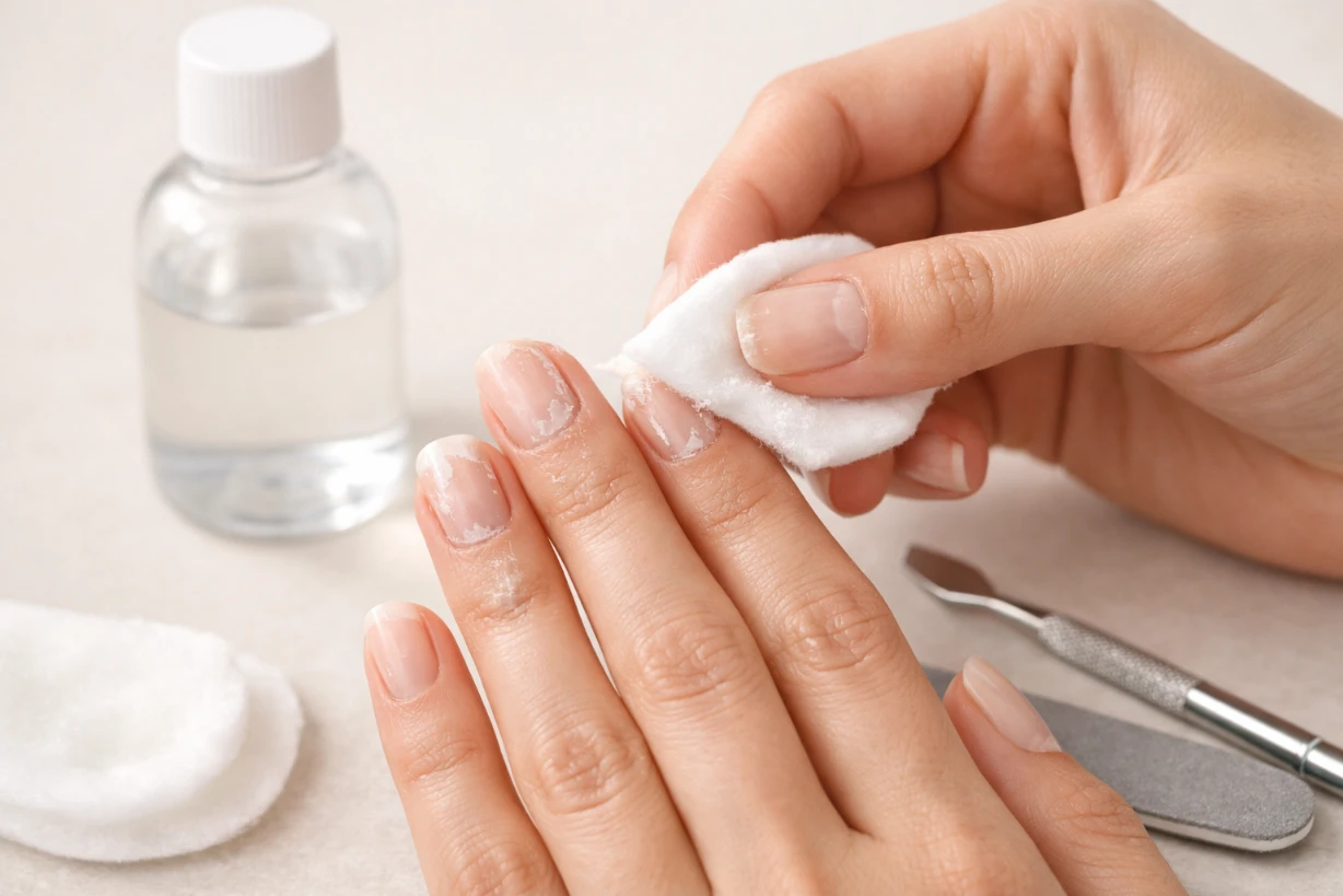 Mains retirant la colle des faux ongles avec coton et dissolvant, soin des ongles naturel.