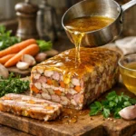 Terrine artisanale nappée de gelée dorée, entourée d’herbes et légumes en cuisine rustique.