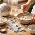 Mains mélangeant pâte farine-eau pour papier mâché, avec papier journal et ballon sur table.