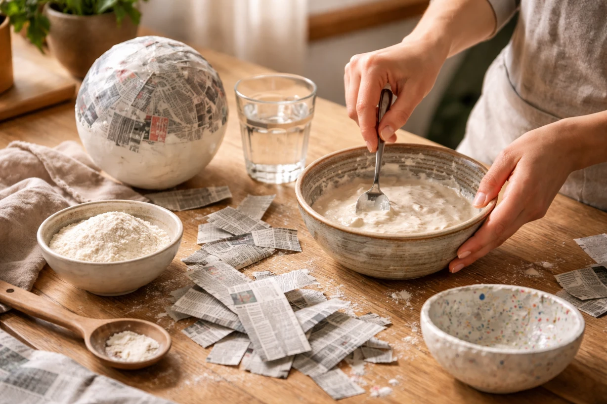 Mains mélangeant pâte farine-eau pour papier mâché, avec papier journal et ballon sur table.