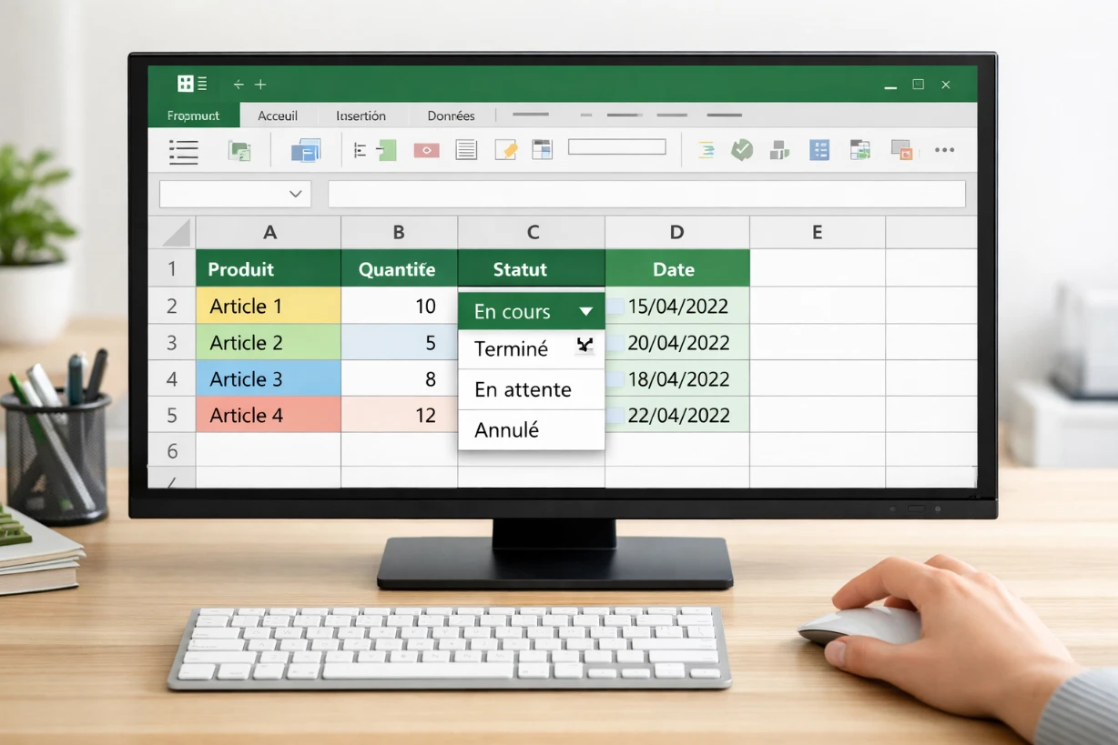 Menu déroulant de statut dans un tableau Excel affiché sur un écran d’ordinateur au bureau.