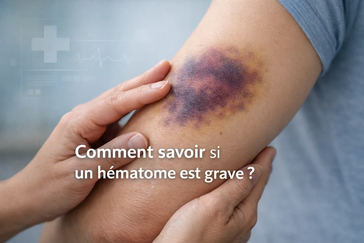 Bras avec hématome violacé examiné par une personne, ambiance médicale calme et informative.