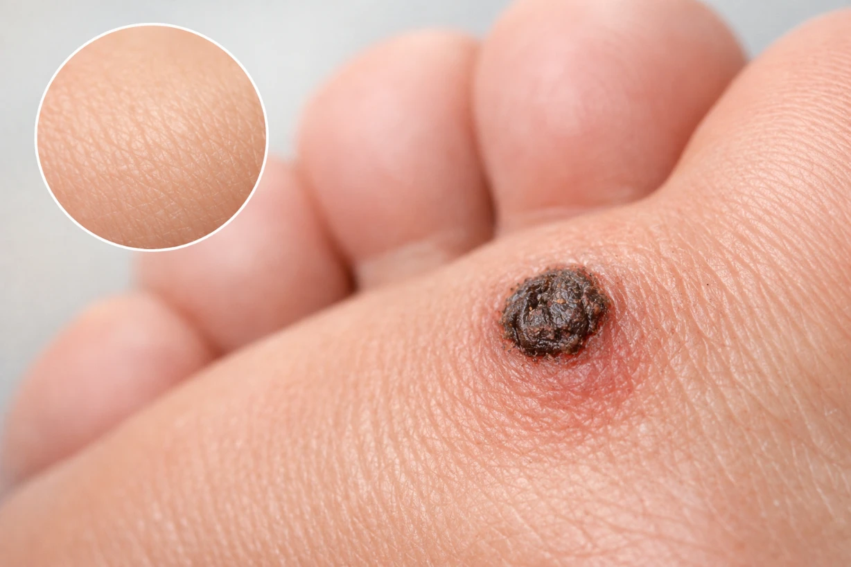 Gros plan d’une verrue sombre en guérison sur la peau, avec une zone saine en comparaison claire.