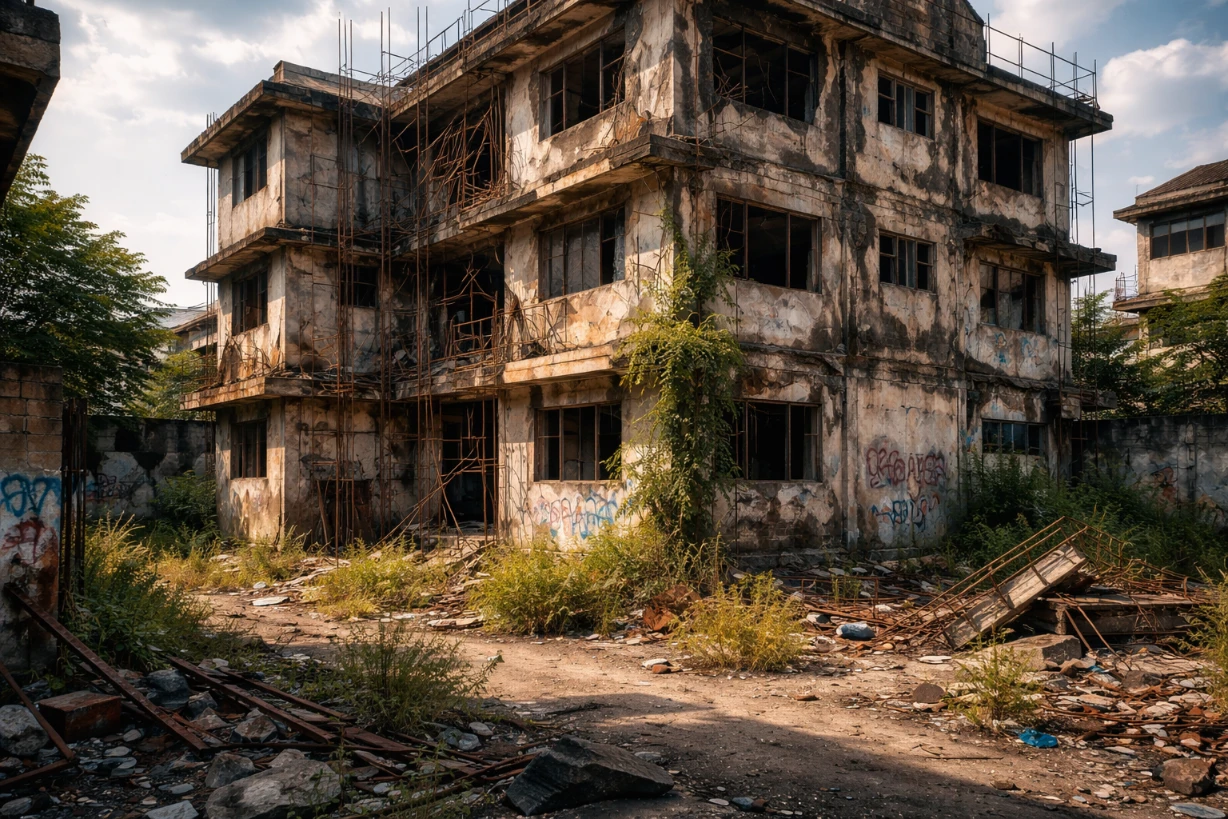 Bâtiment abandonné et délabré depuis plus de dix ans avec murs fissurés et végétation envahissante.
