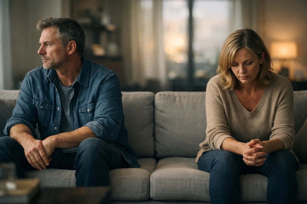 Couple quarantenaires assis séparés sur un canapé, tension et distance émotionnelle visibles.
