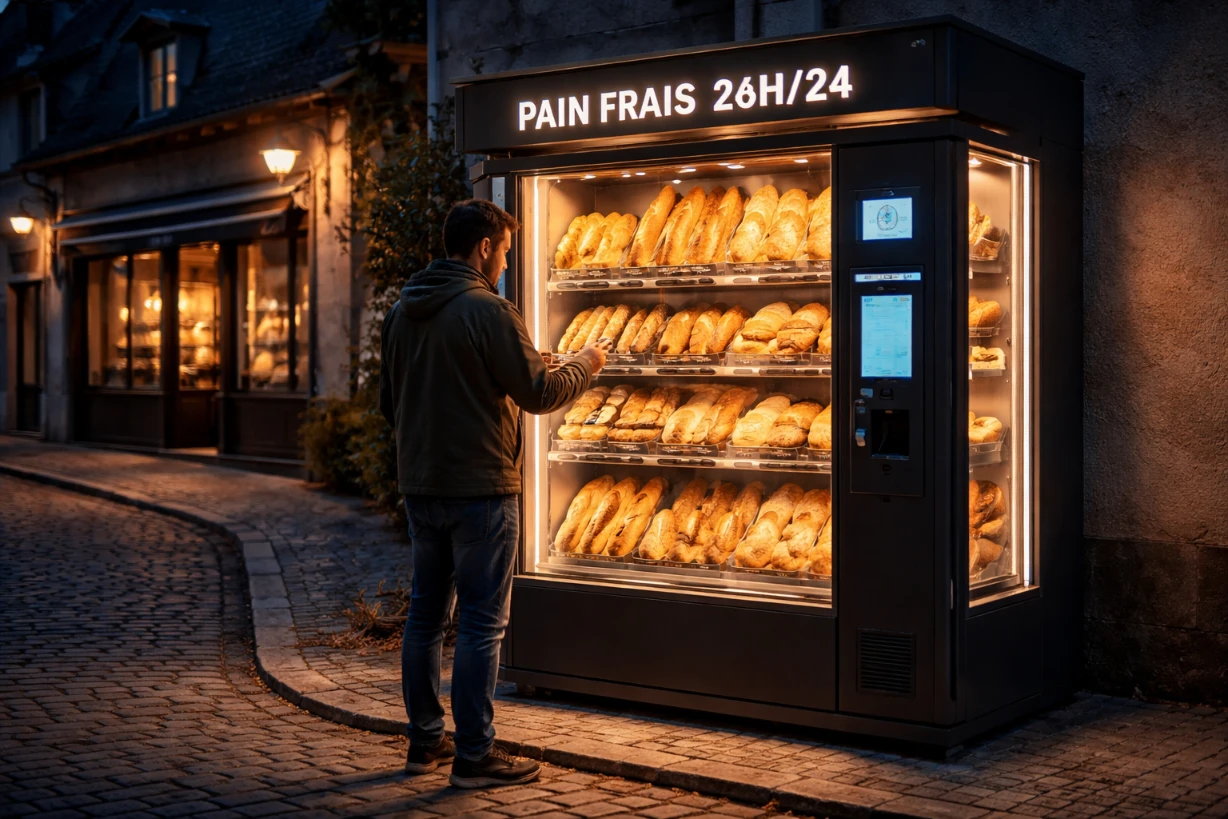 Distributeur de pain moderne illuminé la nuit dans une rue calme, baguettes visibles ambiance douce.