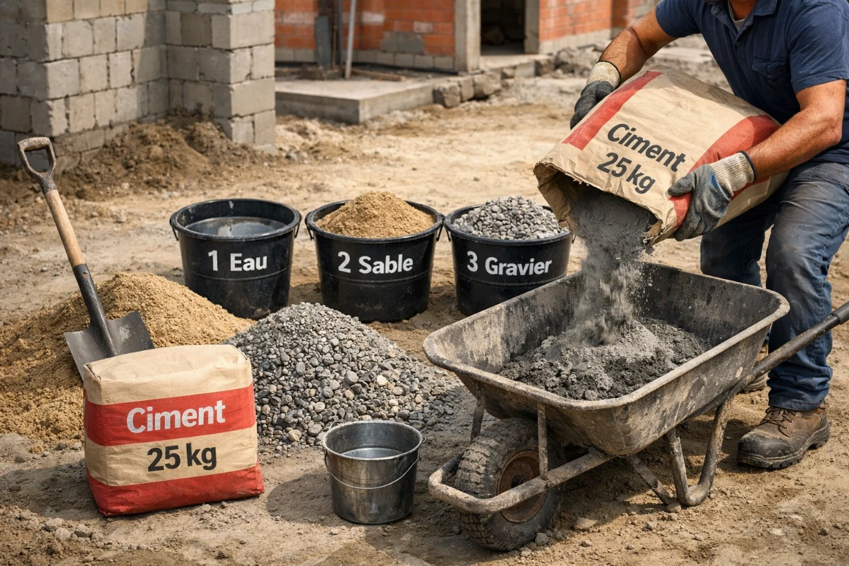 Sac de ciment 25 kg, sable et gravier dosés, ouvrier mélangeant le béton sur chantier.