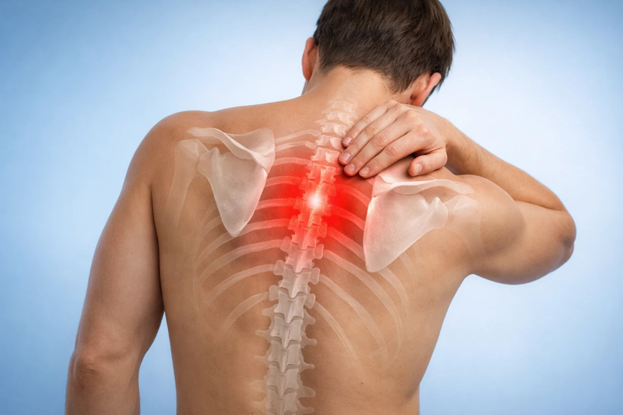 Personne vue de dos avec douleur au milieu du dos entre les omoplates, zone rouge sur la colonne.