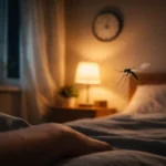 Un moustique vole dans une chambre sombre, éclairée par une lampe de chevet, ambiance nocturne calme.