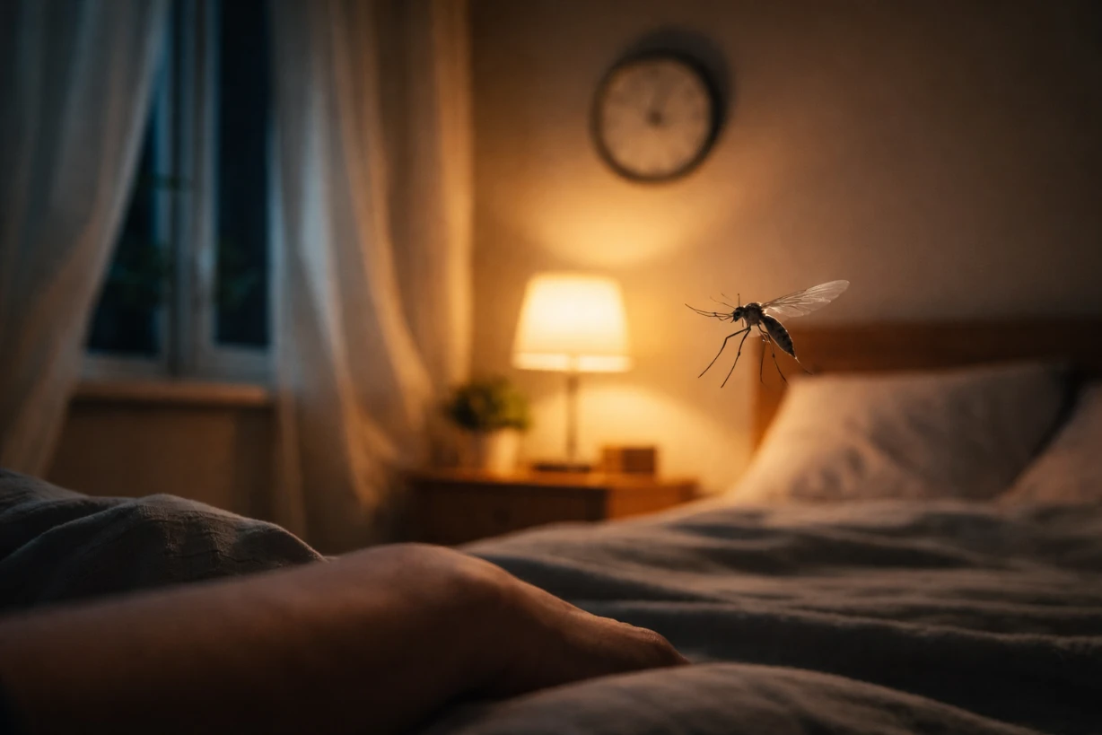 Un moustique vole dans une chambre sombre, éclairée par une lampe de chevet, ambiance nocturne calme.