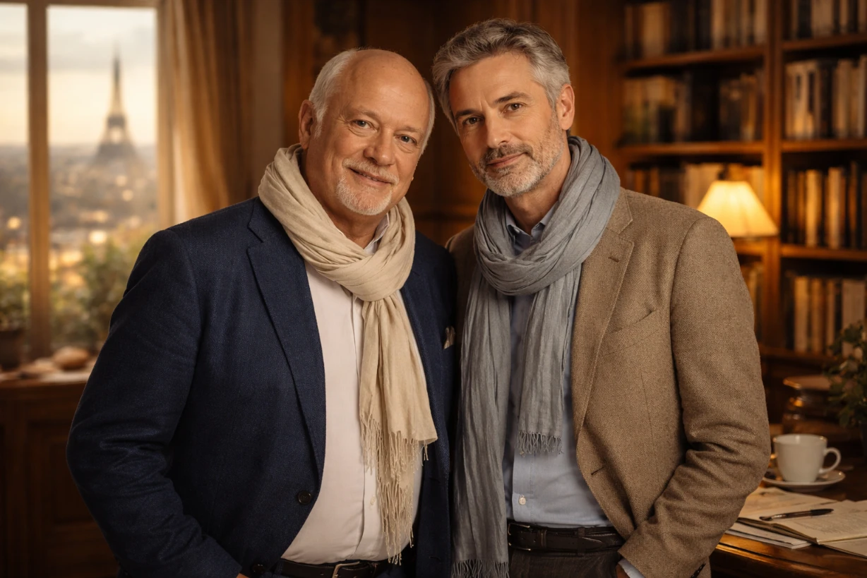 Portrait éditorial d’un écrivain français et son compagnon dans un salon parisien chaleureux doux.