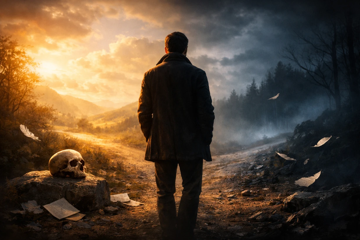 Homme seul à un carrefour entre lumière dorée et ombre froide, symbole de choix et doute intérieur.