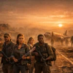 Survivants armés sur route désertique, silhouettes de zombies dans un paysage post-apocalyptique brumeux.