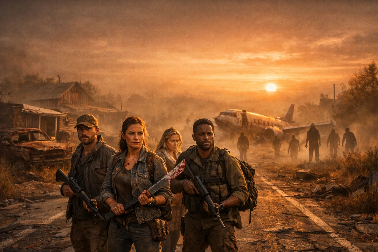 Survivants armés sur route désertique, silhouettes de zombies dans un paysage post-apocalyptique brumeux.