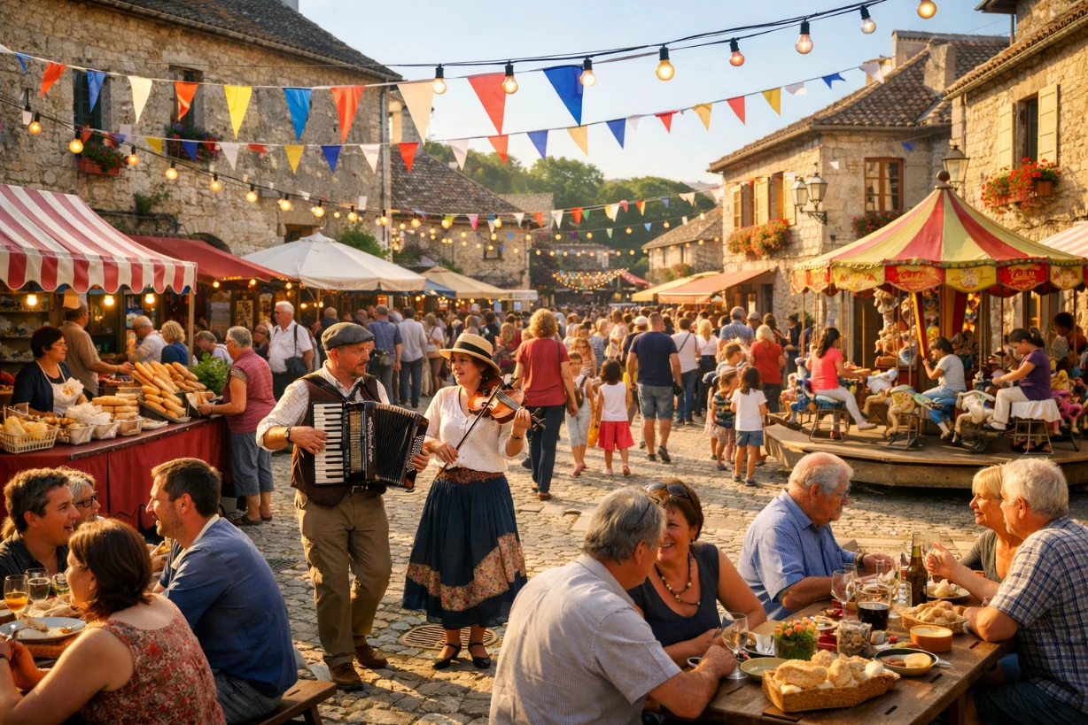 Fête de village animée sur une place française avec stands, musique, guirlandes et habitants réunis.