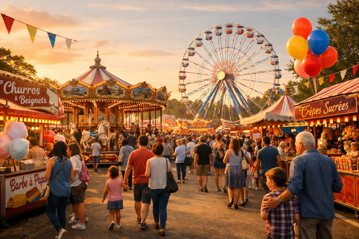 Fête foraine animée au coucher du soleil avec manèges, grande roue et visiteurs joyeux.