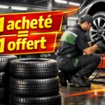 Promotion pneus 1 acheté 1 offert dans garage moderne avec mécanicien installant une roue.