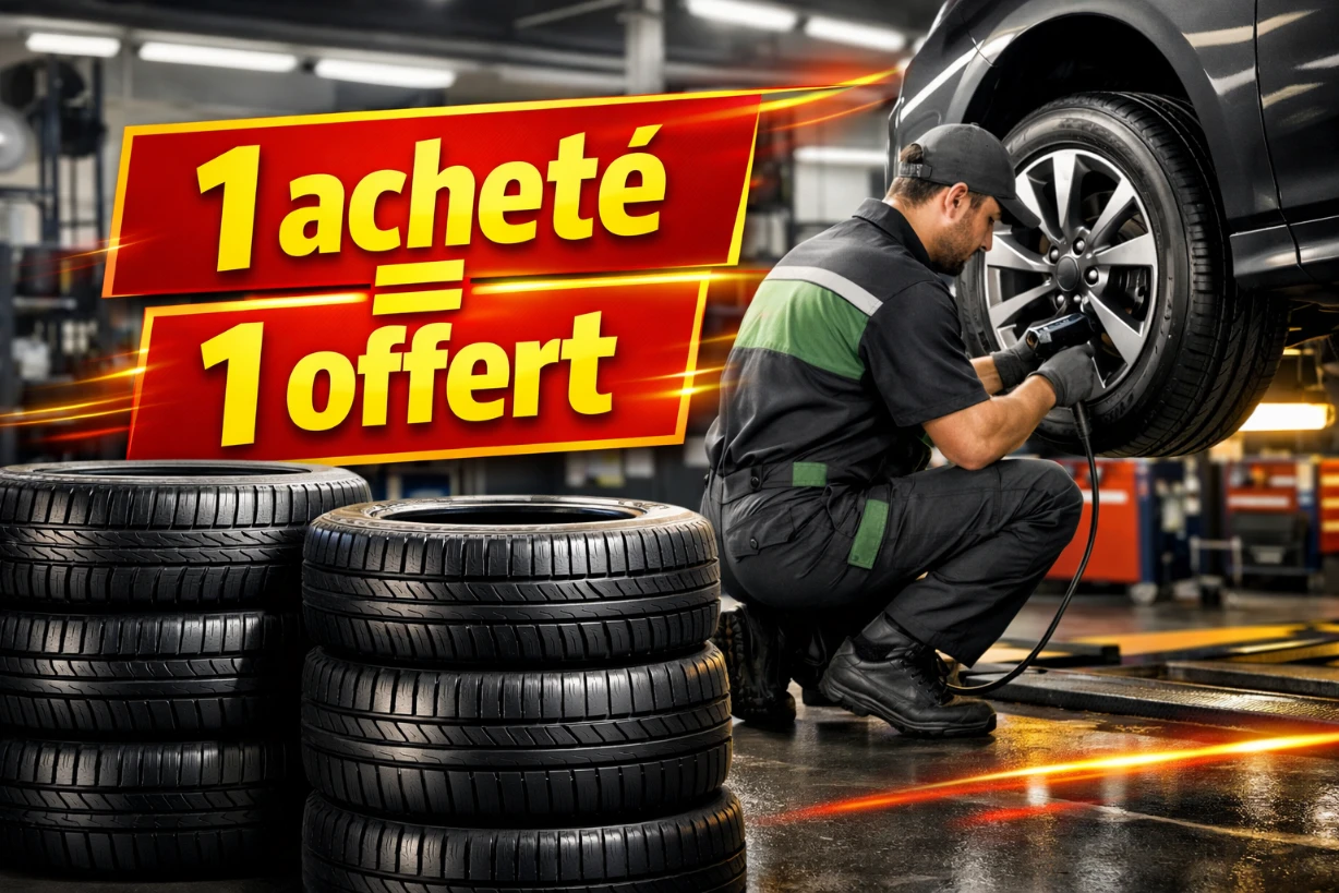 Promotion pneus 1 acheté 1 offert dans garage moderne avec mécanicien installant une roue.