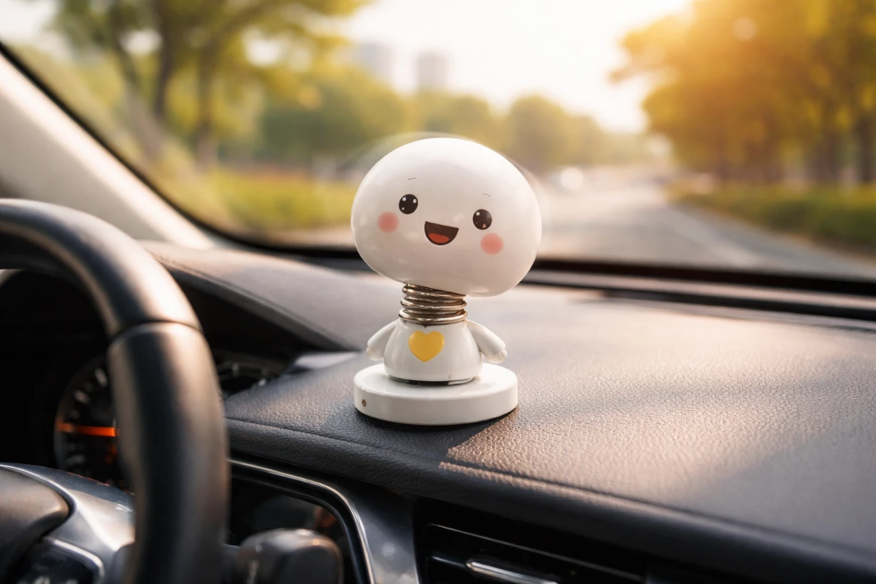 Figurine bobblehead sur tableau de bord, oscillant doucement dans une voiture lumineuse moderne.