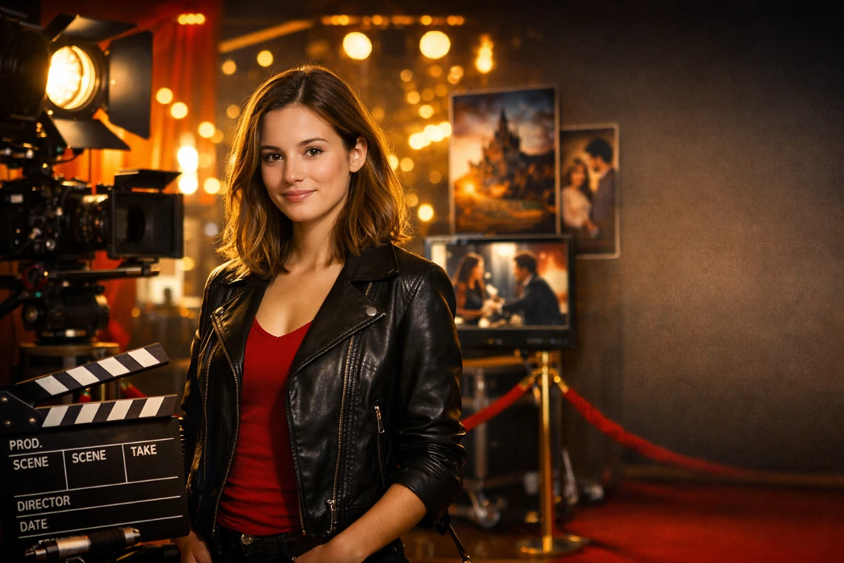 Jeune actrice sur un plateau de tournage entourée de caméras, clap de cinéma et lumières, ambiance cinéma et séries TV.