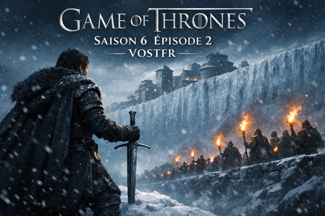 Forteresse enneigée, guerrier en armure face au mur glacé, ambiance sombre et épique inspirée de Game of Thrones.