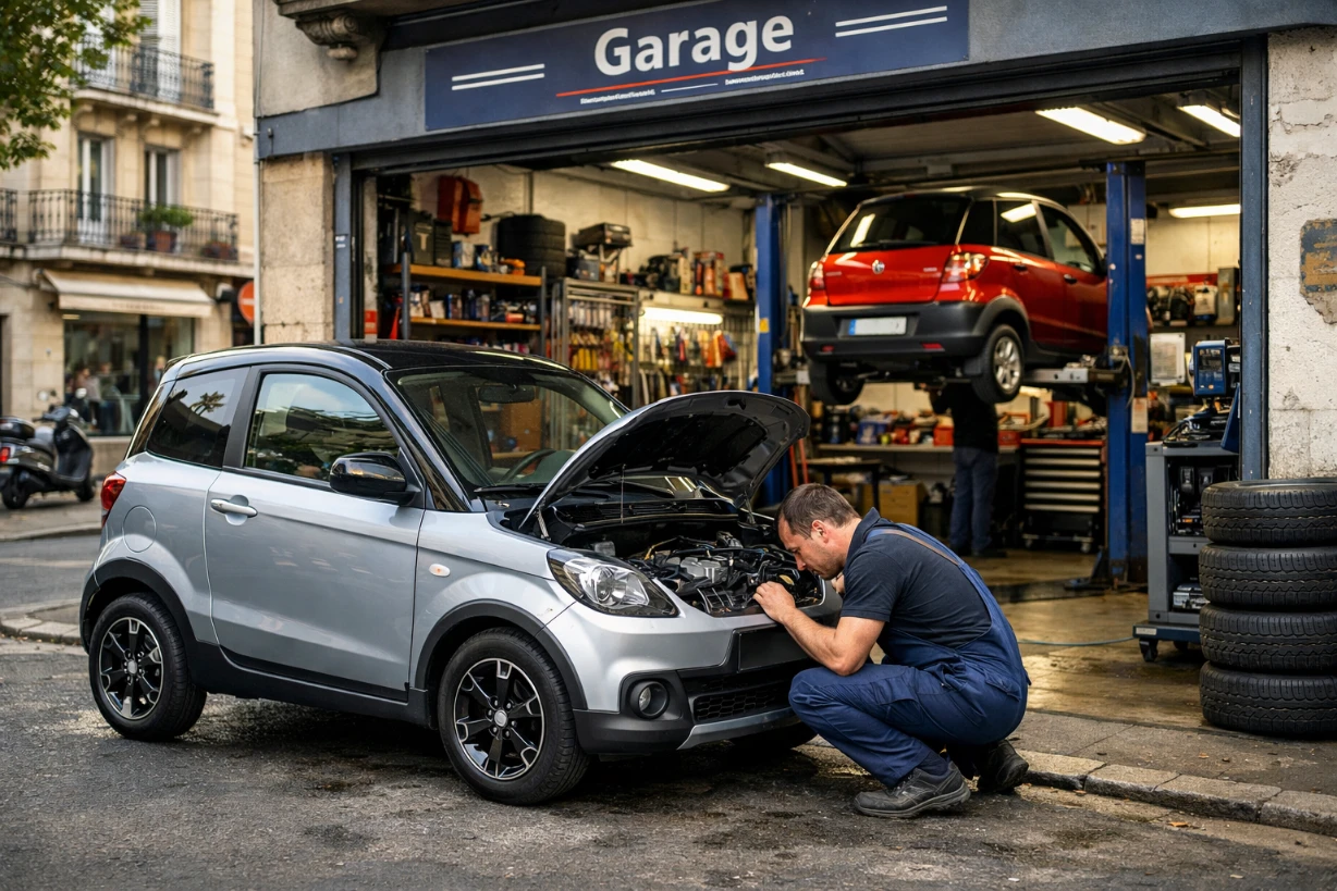 Garage spécialisé réparant une voiture sans permis, mécanicien inspectant le moteur devant l’atelier.
