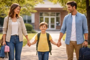 Enfant tenant les mains de ses deux parents séparés devant une école, scène calme et équilibrée.