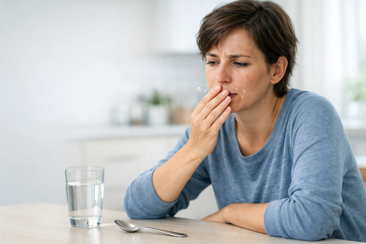 Personne fatiguée touchant sa bouche avec goût métallique, verre d’eau et cuillère sur la table.