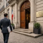 Façade du greffe du tribunal de commerce, professionnel entrant avec dossier officiel en main.