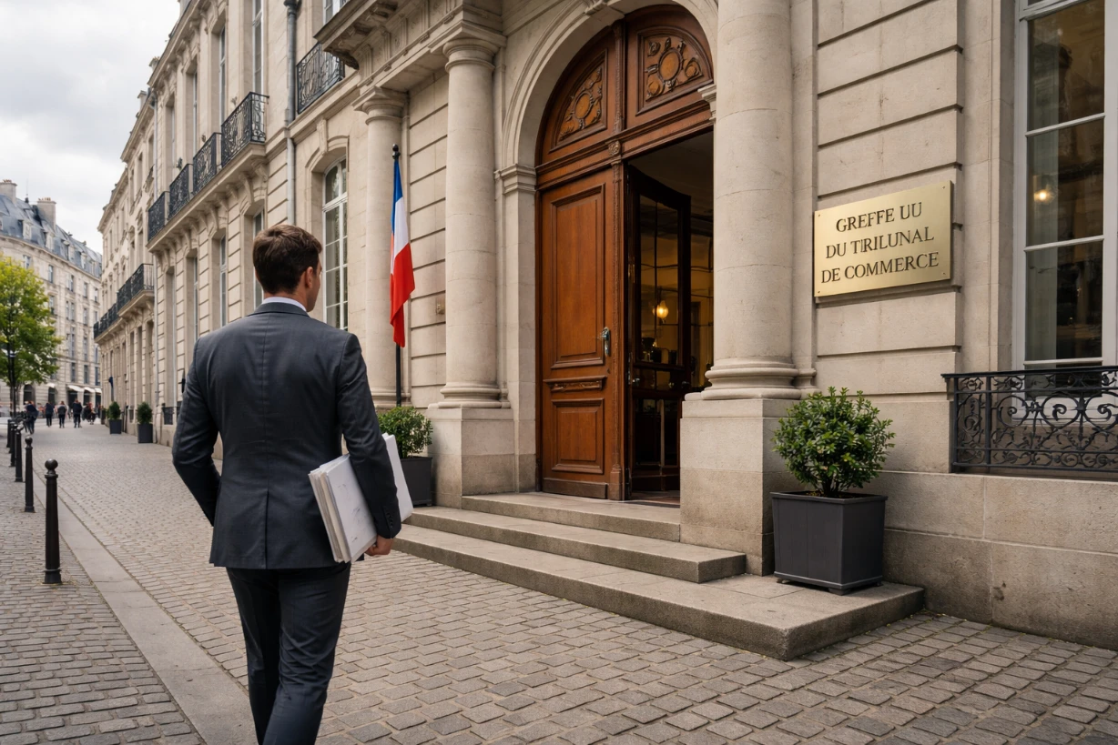 Façade du greffe du tribunal de commerce, professionnel entrant avec dossier officiel en main.