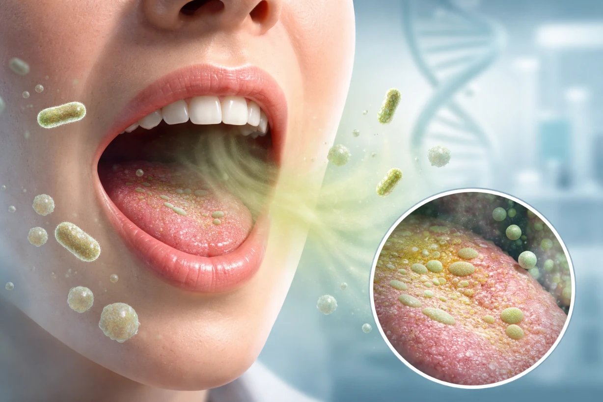 Gros plan d’une bouche avec haleine altérée et bactéries visibles en illustration médicale.