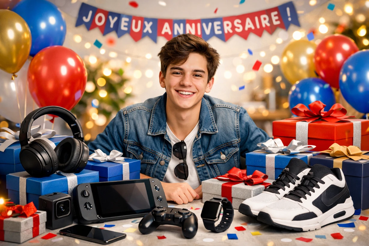 Garçon de 18 ans souriant entouré de cadeaux, ballons et décoration d'anniversaire.