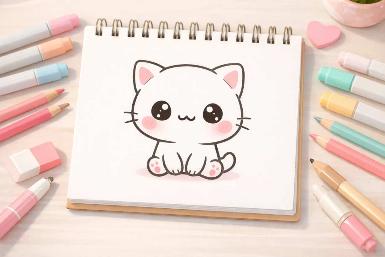 Dessin kawaii facile d’un chat mignon sur un carnet, entouré de crayons et feutres pastel.